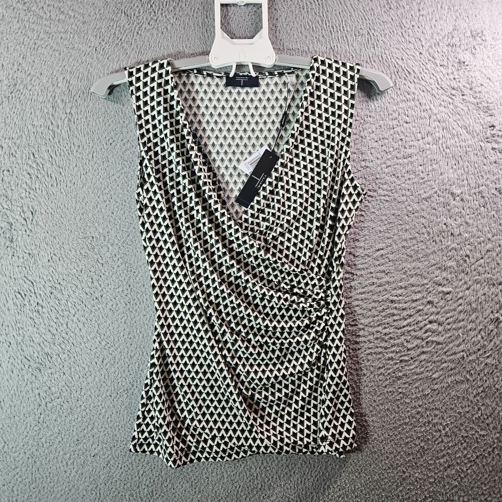 NWT‎ Tahari Sleeveless Wrap Top Women XS Fitted Geometric White Black Dark Green